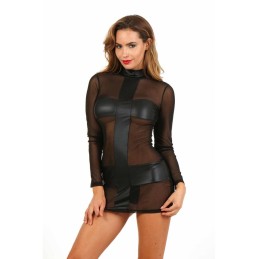 Prestaloveshop Robe Micro Résille Noir Manche Longue et Wetlook