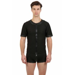 Prestaloveshop T Shirt Noir Rayé Transparence et Wetlook Zip