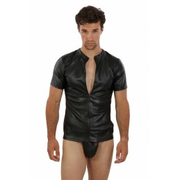 Prestaloveshop Chemise Homme Simili Cuir Manches Courtes Zip