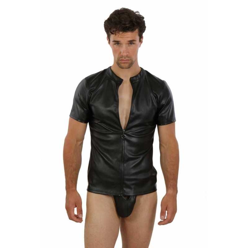 Prestaloveshop Chemise Homme Simili Cuir Manches Courtes Zip