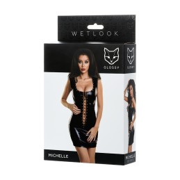 Prestaloveshop Michelle Robe Wetlook Noir Laçée Devant Et Dos