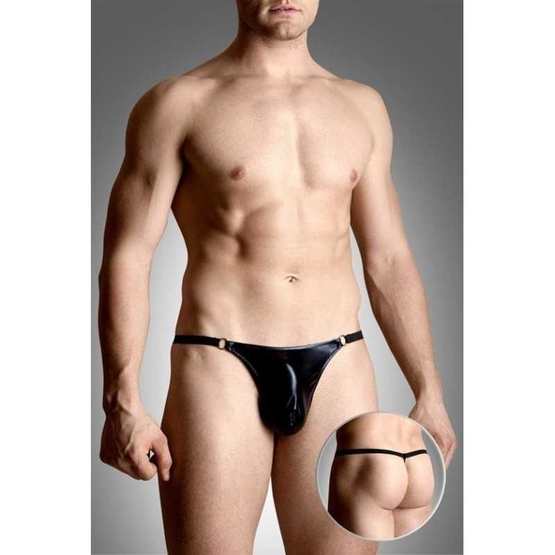 Prestaloveshop String ficelle wetlook noir anneaux cotés Homme