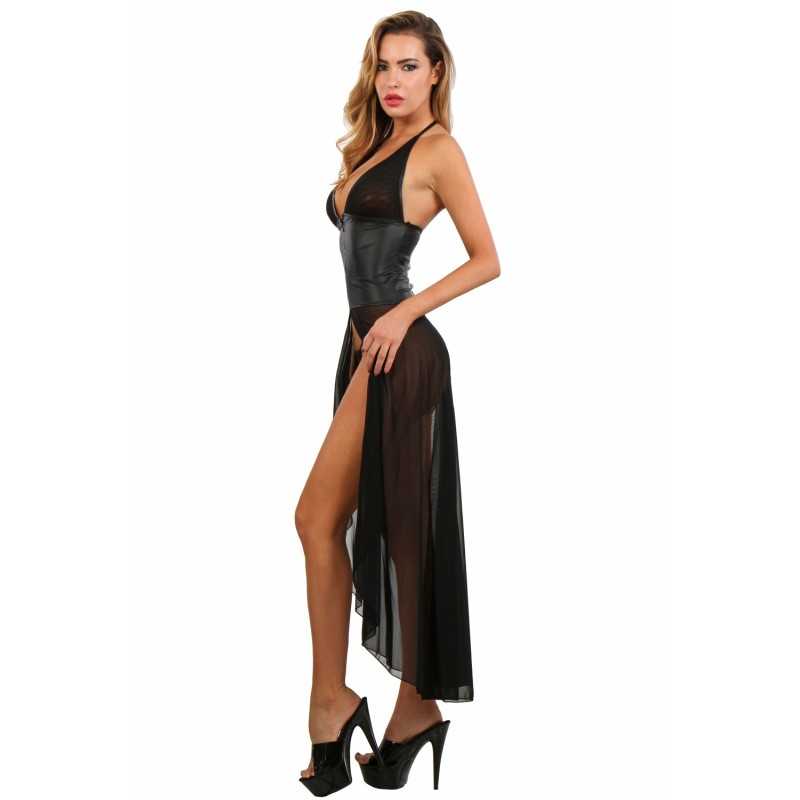 Prestaloveshop Robe Longue Wetlook Voile Corset