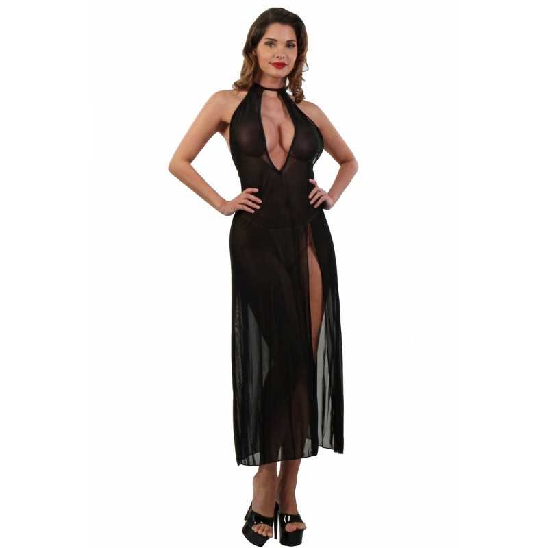 Prestaloveshop Robe Déshabillé Long Transparent Noir