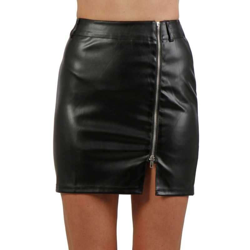 Prestaloveshop Jupe Simili Cuir Fente Zip