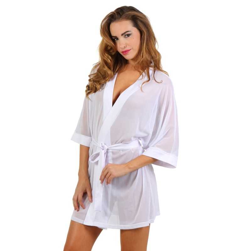 Prestaloveshop Kimono Micro Résille et Satin Blanc