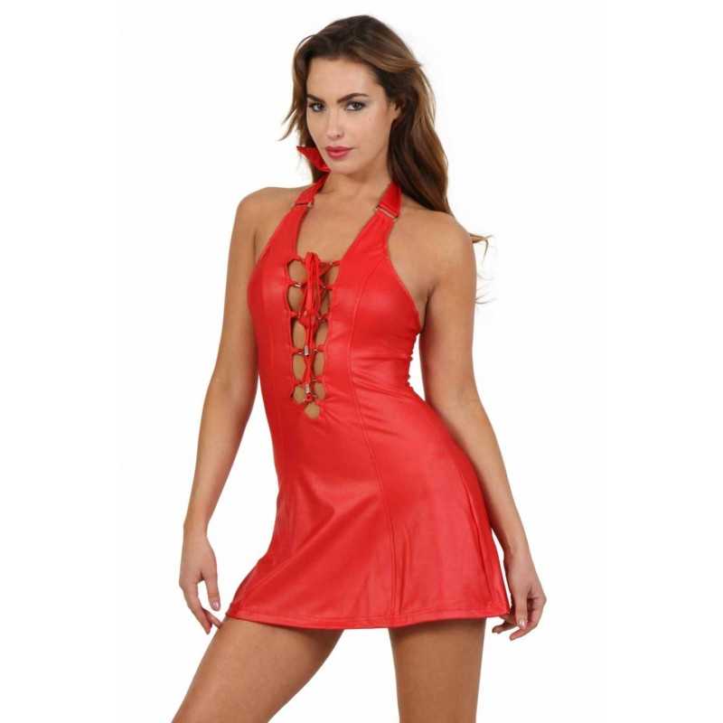 Prestaloveshop Robe Évasée Effet Cuir Laçage Décolleté