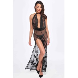 Prestaloveshop Robe Longue Transparente Flocage Fleurs Dos