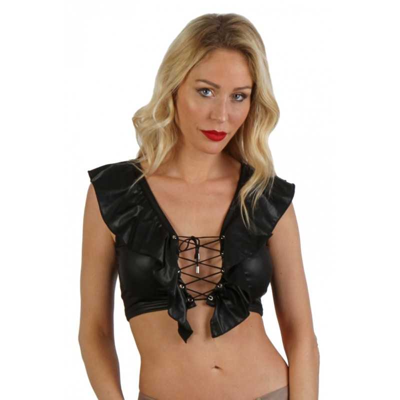 Prestaloveshop Top Wetlook noir volant laçage devant