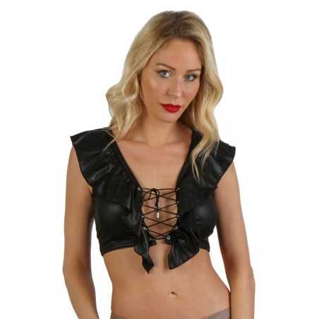 Prestaloveshop Top Wetlook noir volant laçage devant