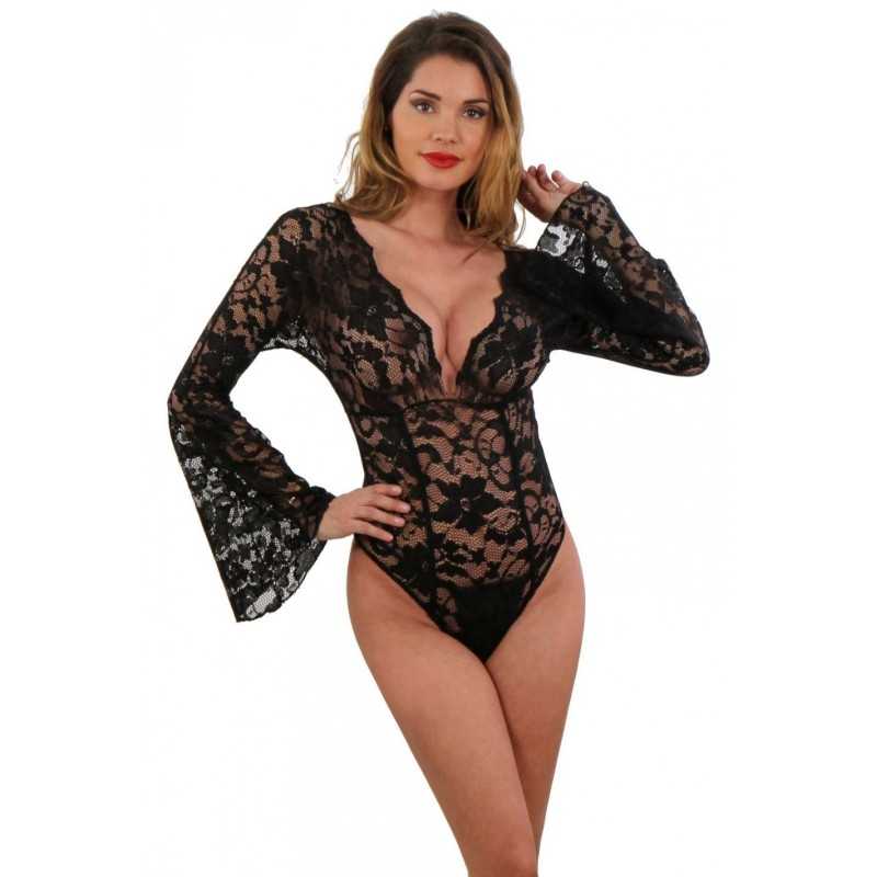 Prestaloveshop Body dentelle noire manches longues évasées