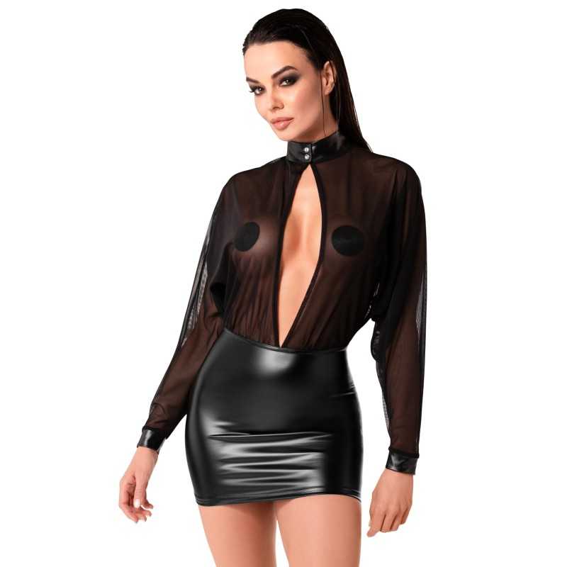 Prestaloveshop Robe mini wetlook micro résille manches longues