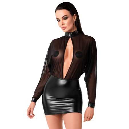 Prestaloveshop Robe mini wetlook micro résille manches longues